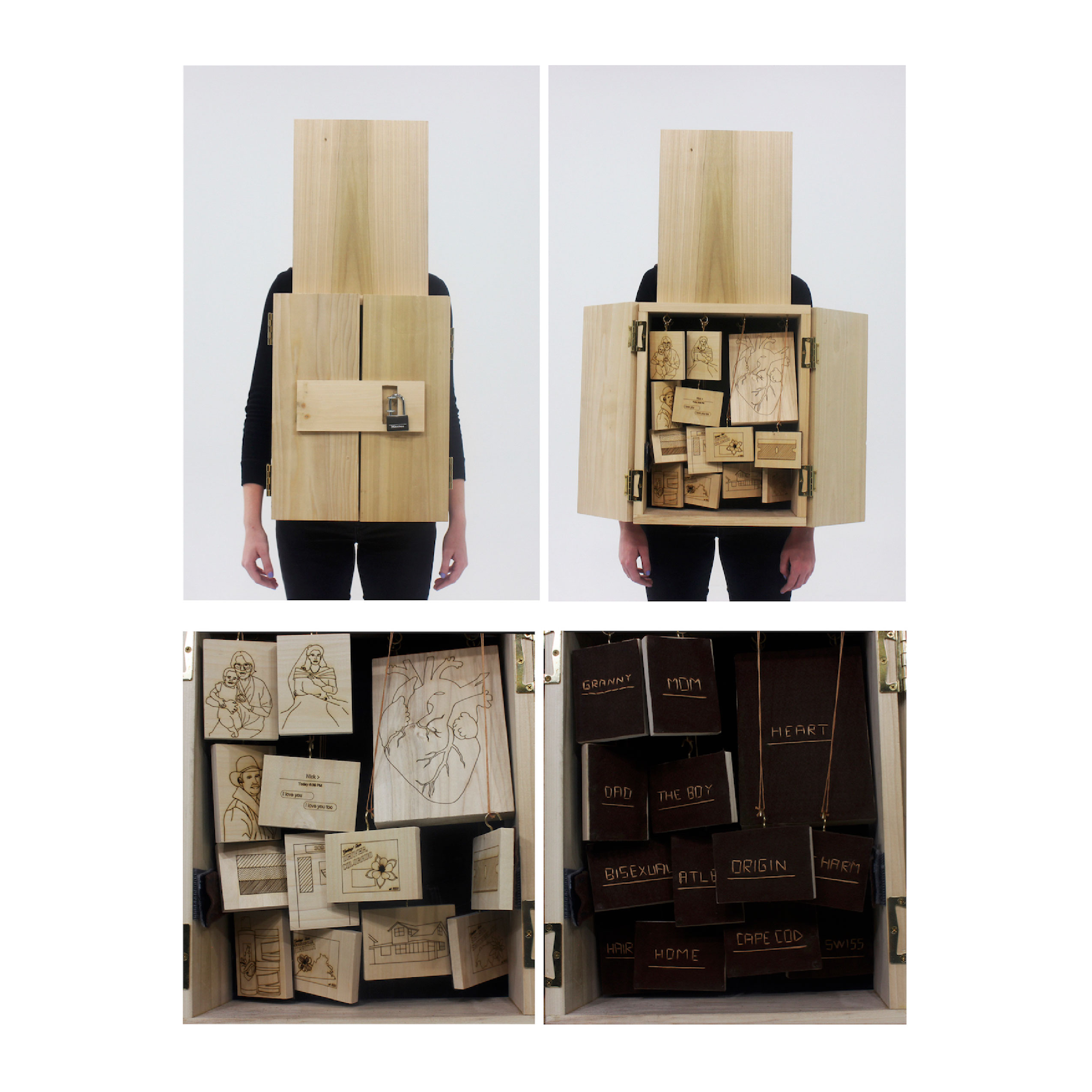 a wearable locked box, hiding the wearer's face. when the peice is opened, wood engravings are revealed