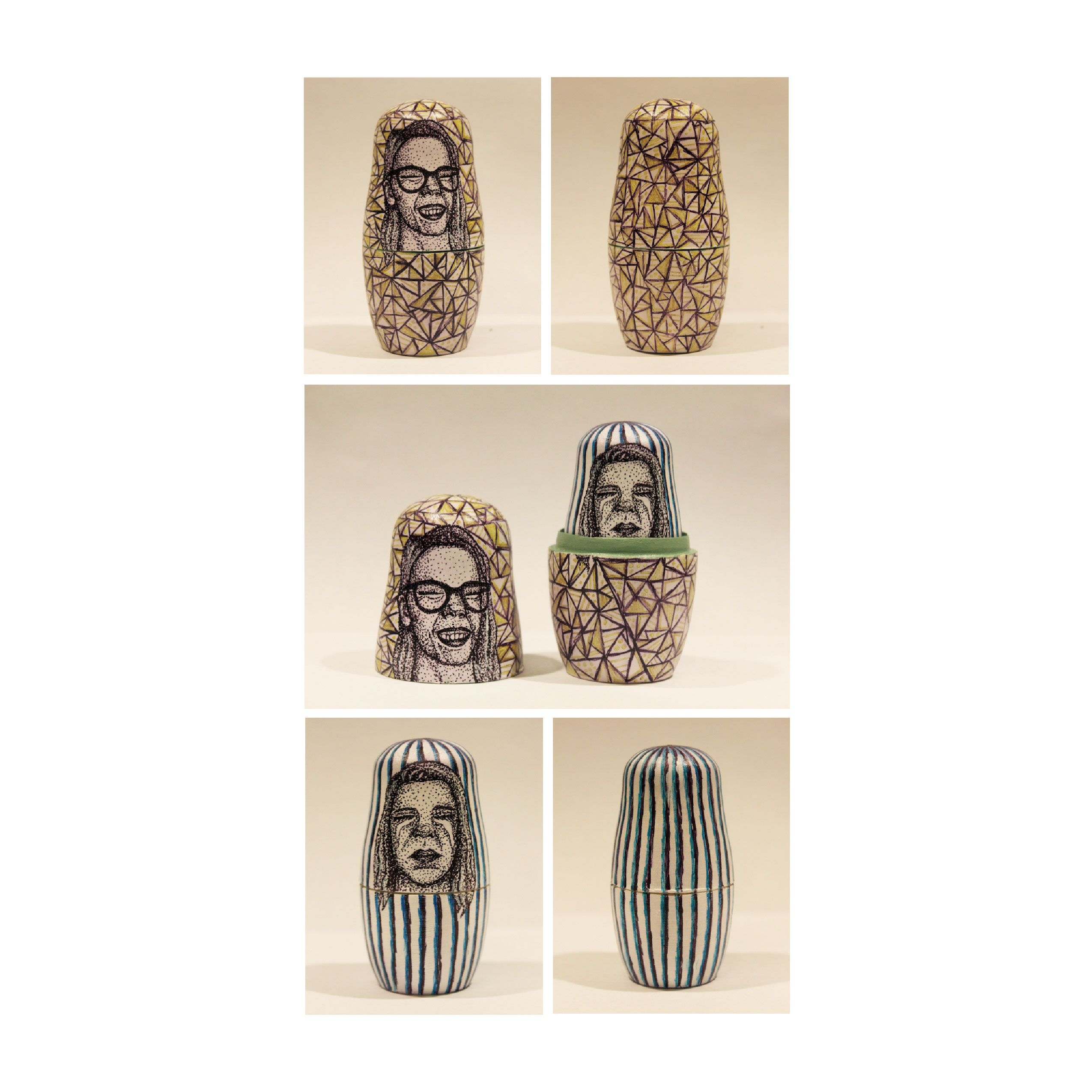 russian nesting dolls painted with the artists face depicting happiness on the outside and happiness on the inside