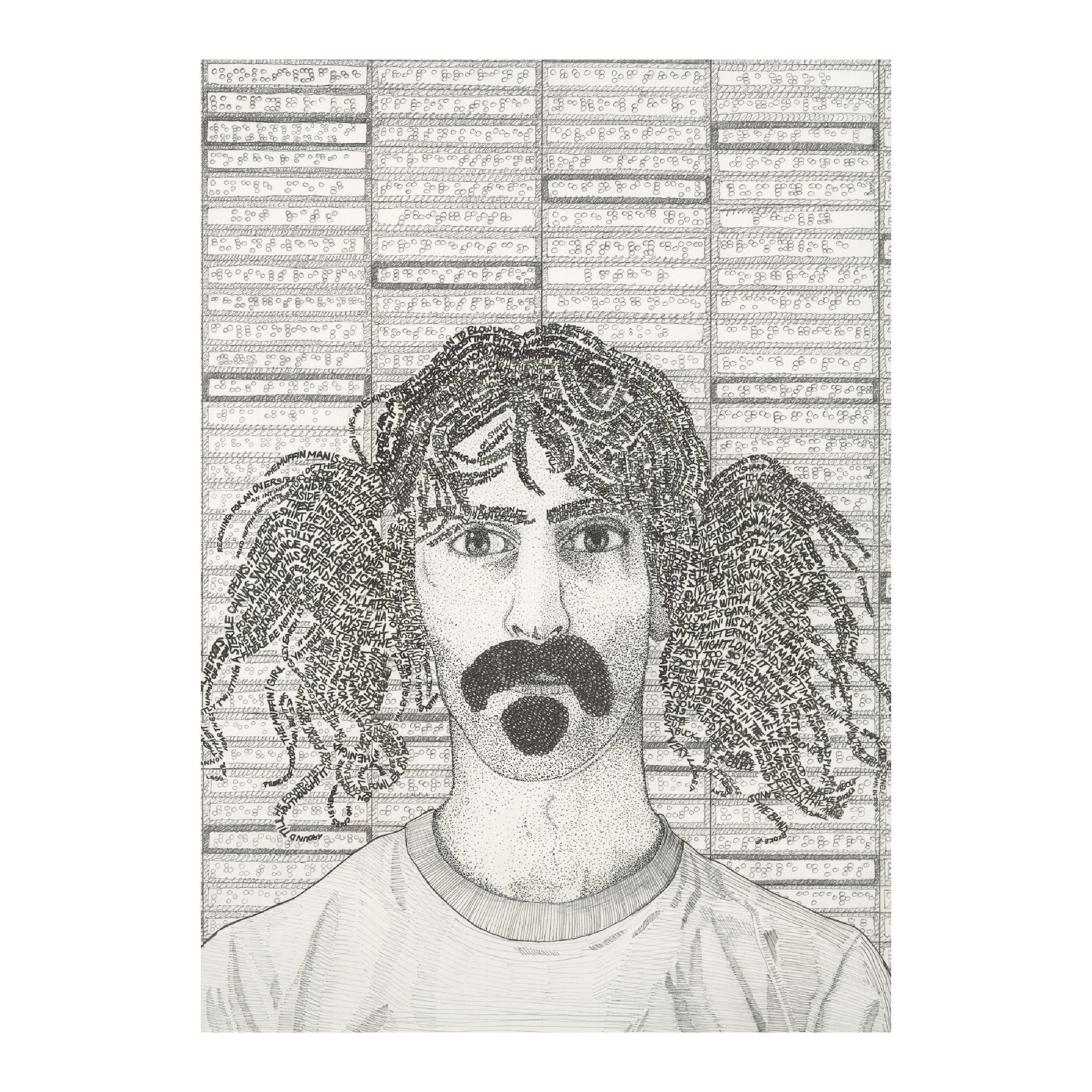 a drawing of Frank Zappa made up of his song lyrics